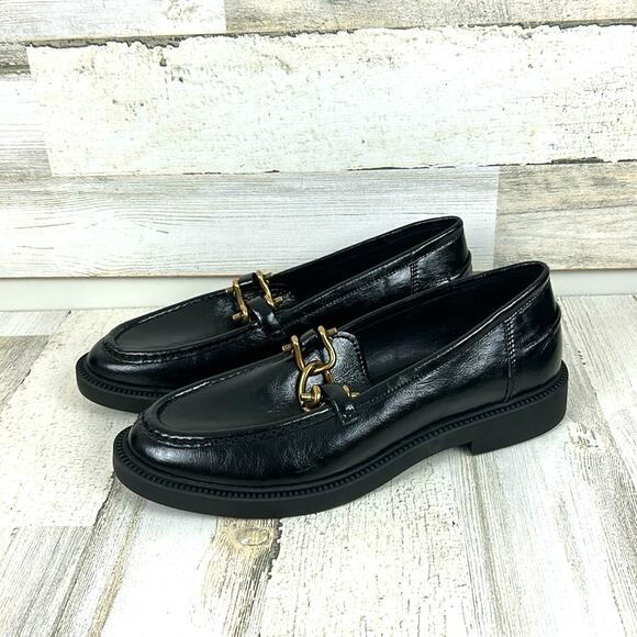 Steve Madden Women’s 11 Black Leather Karmine Gold Buckle Chunky Loafers NEW - Picture 1 of 9